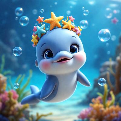 The primary subject of the image is a cute, cartoon-like dolphin with a star crown on its head. The dolphin is swimming in a vibrant underwater environment, surrounded by a variety of colorful sea creatures. The visual style of the image is a combination of photo and digital art, creating a lively and engaging scene. The colors and mood of the image are bright, cheerful, and playful, reflecting the fun and whimsical nature of the dolphin and
